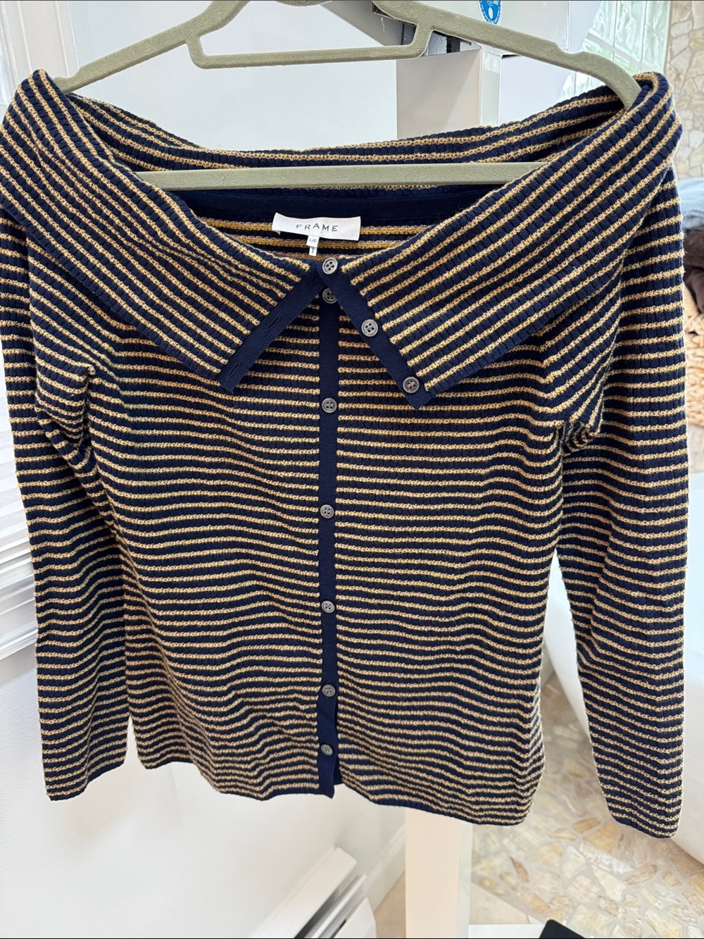 Frame Denim Navy & Tan Striped Button-Front Sweater